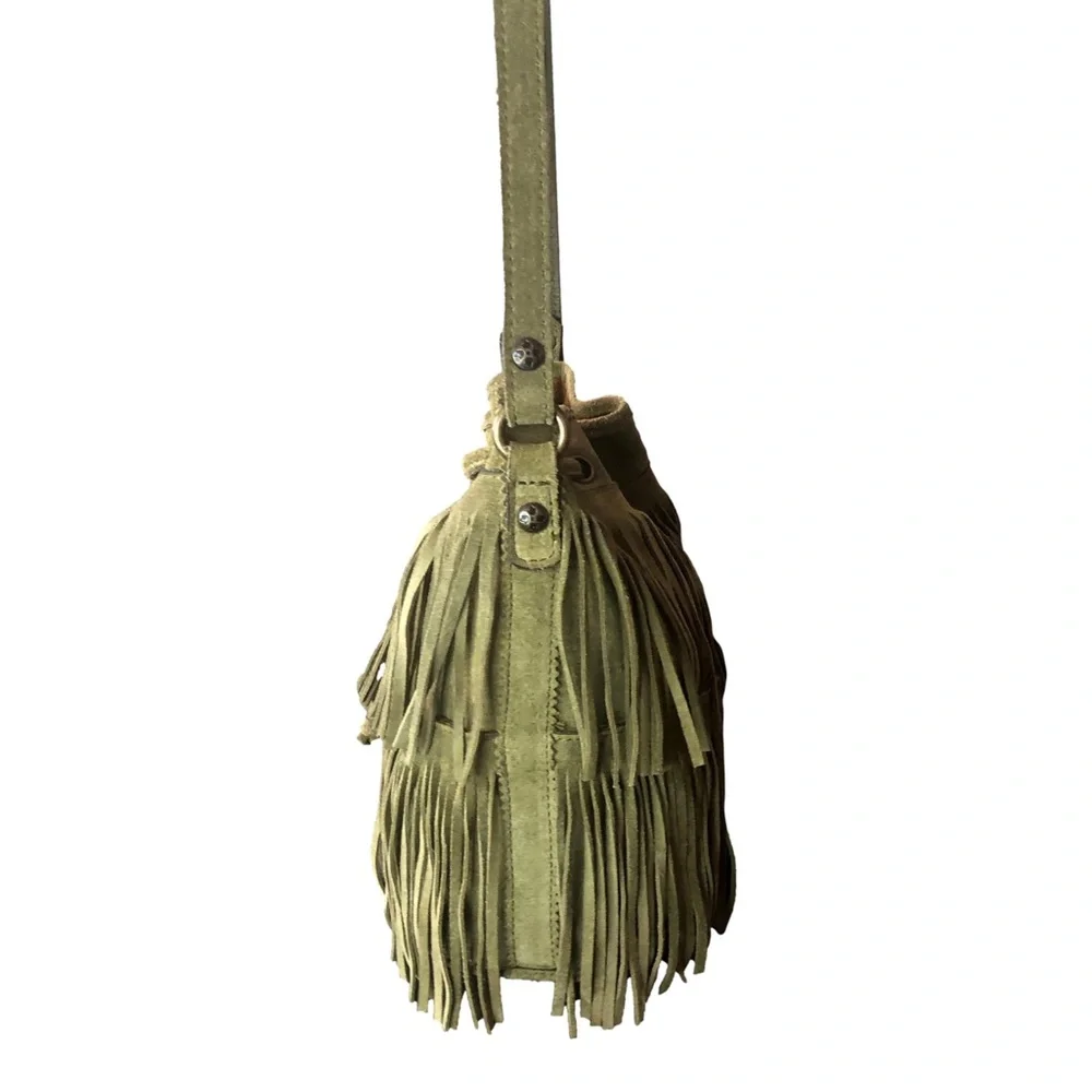 PATRICIA NASH Olive Green Fringe Suede Crossbody Bucket Bag
